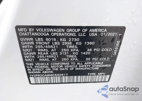 2021 Volkswagen Atlas Sel Premium R-Line из США, поврежденный, VIN 1V2FR2CA6MC562617